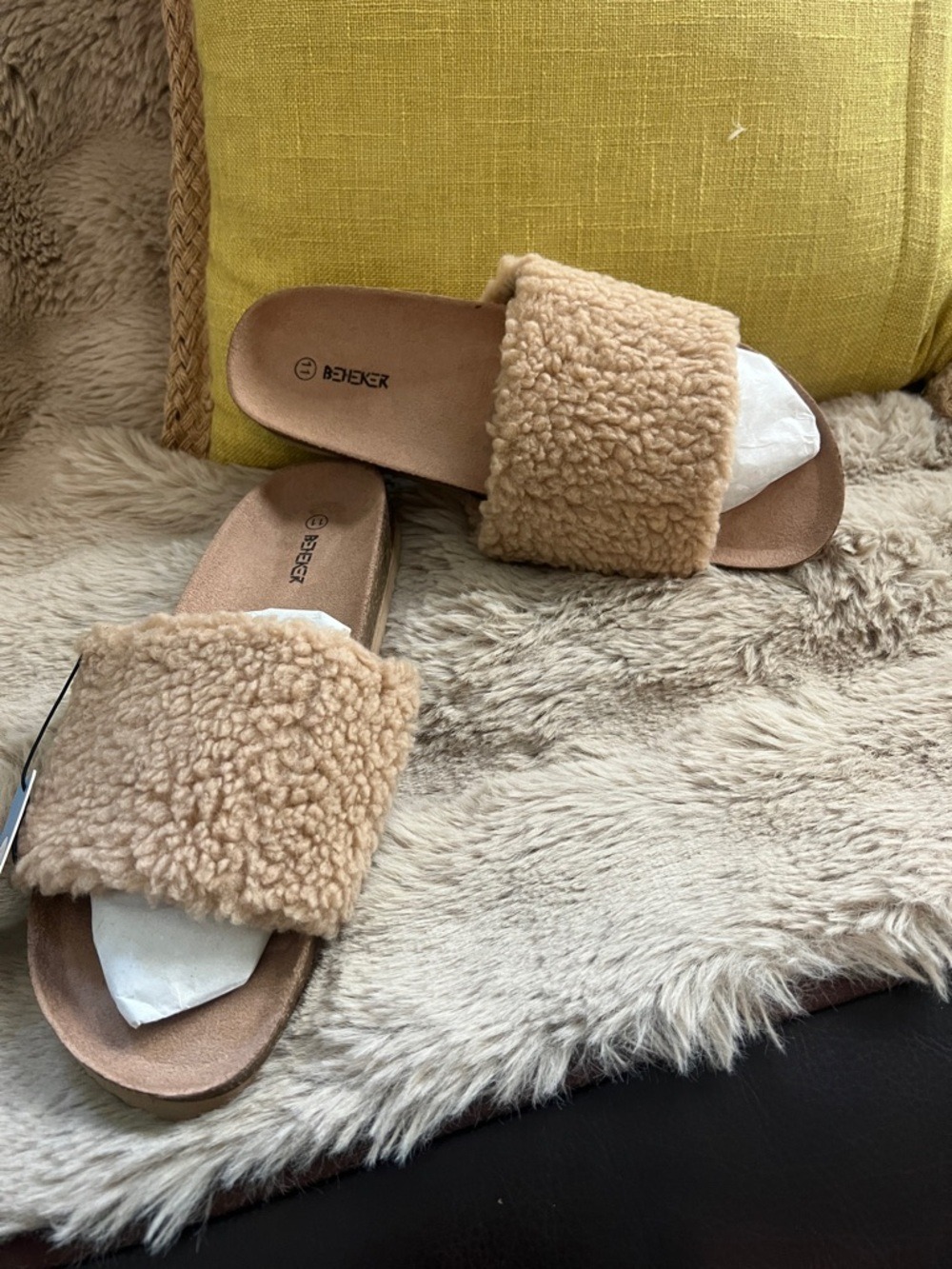 beneker Beige Faux-Sherpa Slide Mules
